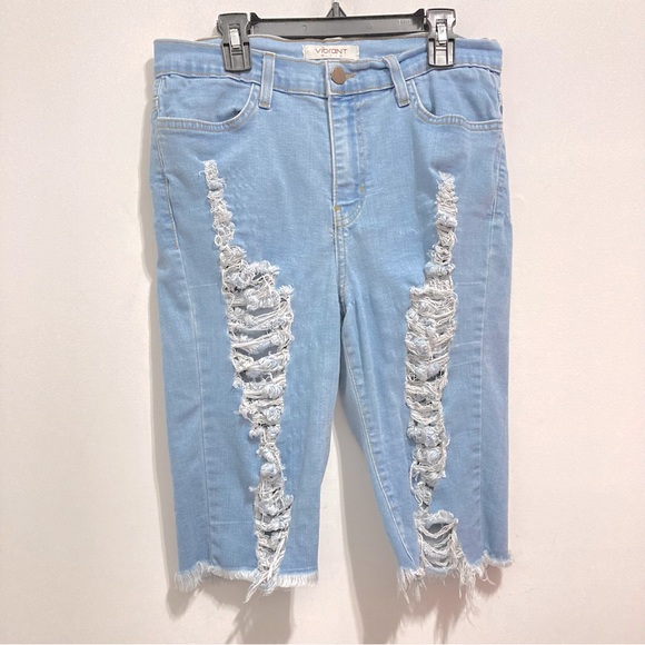 Vibrant Distressed Women’s Denim Blue Bermuda Jean Shorts - Picture 1 of 8